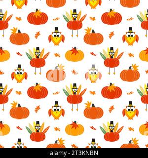 Motivo vettoriale senza cuciture per le festività autunnali del giorno del Ringraziamento. Grazioso tacchino, gufo con cappello Pellegrino, morbido design cartoni animati di zucca. Disegnato a mano Illustrazione Vettoriale