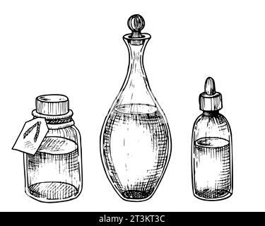 Set di bottiglie in vetro e caraffa trasparente. Illustrazione vettoriale disegnata a mano di Decanter e flacons per design spa o medicina in bianco e nero. Flagon d'epoca lineare per olio essenziale. Illustrazione Vettoriale