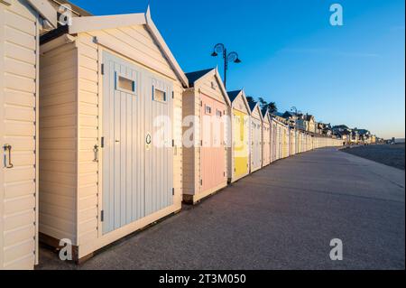 Colorate capanne sulla spiaggia, che corrono in lontananza, adagiate su un cielo blu, estivo. La posizione è Lyme Regis, sulla costa meridionale dell'Inghilterra Foto Stock