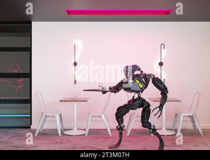 Robot che lavora al bar, al ristorante. Intelligenza artificiale, tecnologia digitale. Umanoide, cyborg come cameriere. Tecnologia robotica, fantascienza. Robot Foto Stock
