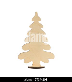 Decorazioni in legno dell'albero di Natale in stile Vintage isolate su sfondo bianco. Biglietto d'auguri. Foto Stock