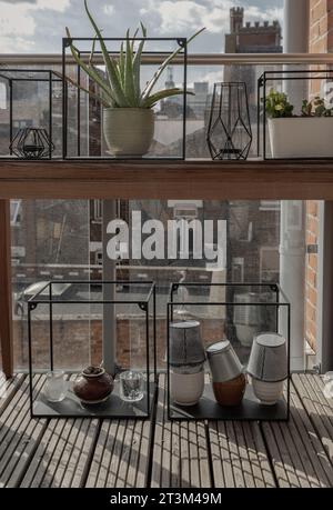 Pianta di aloe vera che cresce in una simile pentola di ceramica posta su un balcone con una splendida vista sulla città alla luce del giorno. Coltivare aloe vera in vaso a ho Foto Stock