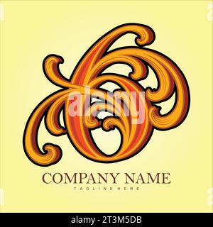 Illustrazioni vettoriali con logo monogramma Number 6 classico e senza tempo per il logo del tuo lavoro, t-shirt di merchandising, adesivi e disegni di etichette, poster, auto di benvenuto Illustrazione Vettoriale