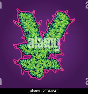 Nuvole di cannabis che circondano il simbolo di valuta Yen illustrazioni vettoriali per il logo del tuo lavoro, t-shirt di merchandisse, adesivi e disegni di etichette, poster, gree Illustrazione Vettoriale