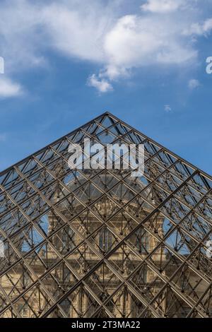 Museo del Louvre (Museo del Louvre), padiglione Richelieu, vista attraverso il vetro della grande Piramide. Parigi, Francia, Europa, Unione europea, UE. Copia spazio Foto Stock