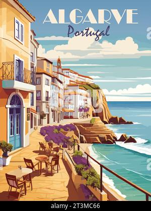 Poster delle destinazioni di viaggio in Algarve in stile retrò. Illustrazione Vettoriale