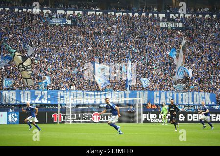 Gelsenkirchen, Deutschland. 8 ottobre 2023. Firo: 8 ottobre 2023, calcio, calcio, 2° campionato, 2° Bundesliga, stagione 2023/2024, FC Schalke 04 - Hertha BSC Berlin 1:2 tifosi, tifosi, fan, curva tifosi, banner, banner, lettering, protesta, poster, poster, coreografia, coro, coreografia, banner, ventole, curva dei fan, fan, Ban nel blocco ospiti credito: dpa/Alamy Live News Foto Stock