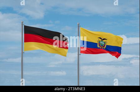 Le bandiere di Ecuador e Germania sventolano insieme su un cielo nuvoloso blu, concetto di due relazioni tra paesi Foto Stock