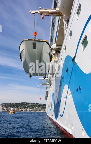 Davits che solleva una scialuppa di salvataggio dal mare al ponte della nave da crociera, le imbarcazioni di salvataggio vengono spesso abbassate e sollevate per i necessari test di sicurezza Foto Stock