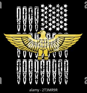T-shirt di un'aquila d'oro accanto alla bandiera degli Stati Uniti composta da proiettili e stelle. Illustrazione patriottica nordamericana. Illustrazione Vettoriale