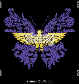 T-shirt Golden Eagle con farfalla e arabeschi. Design decorativo. Illustrazione Vettoriale