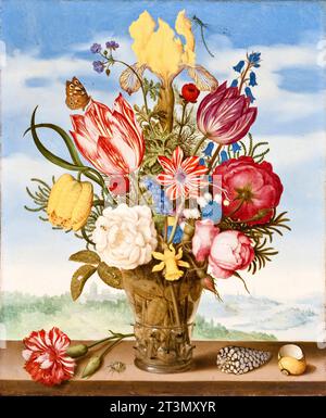 Ambrosius Bosschaert, bouquet di fiori su un laccio, nature morte dipinto ad olio su rame, 1619 Foto Stock