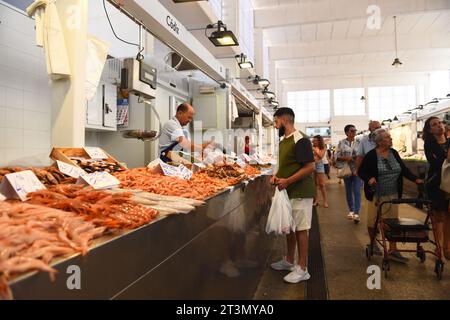 Vari langoustine fresche in mostra presso il banco di pesce fresco a Cadice, Spagna, il 3 agosto 2023 Foto Stock