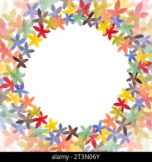 Una cornice rotonda, una cartolina, un invito fatto di fiori astratti multicolori su sfondo bianco. Illustrazione acquerello. Modello per l'imballaggio Foto Stock
