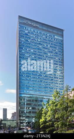 J P Morgan al 25 di Bank Street, Canary Wharf Financial District, Londra, Inghilterra. Foto Stock