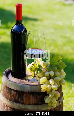 Bottiglia di vino, bicchiere rosso WIN e uva su botte all'aperto con spazio per la copia Foto Stock