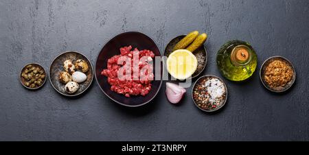 Cottura di una saporita tartare di manzo con cetriolini sottaceto e pane tostato. Spianatura piatta Foto Stock