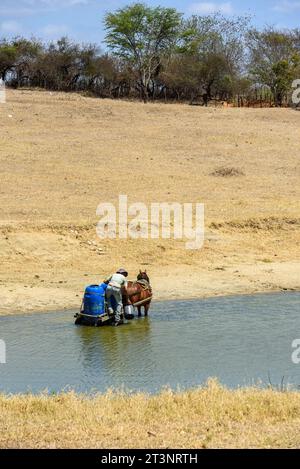 Uomo che raccoglie acqua con il cavallo in un bacino idrico a causa della siccità nelle terre di Paraiba, in Brasile, il 15 ottobre 2023. Foto Stock