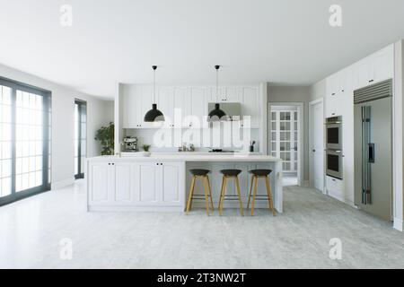 Cucina moderna e luminosa con grande isola ed elettrodomestici da cucina. Ampia cucina con grandi finestre incorniciate in nero e sgabelli da bar. rendering 3d. Foto Stock