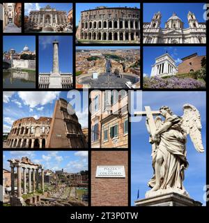 Roma, Italia - collage di foto di viaggio con Colosseo, Vittoriano, Vaticano e Fontana di Trevi. Foto Stock