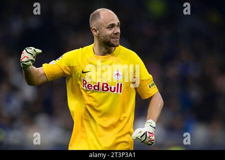 Alexander Schlager del RB Salzburg celebra la partita di calcio della UEFA Champions League tra FC Internazionale e RB Salzburg. Foto Stock