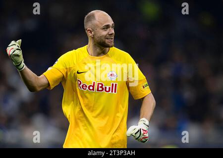 Alexander Schlager del RB Salzburg celebra la partita di calcio della UEFA Champions League tra FC Internazionale e RB Salzburg. Foto Stock