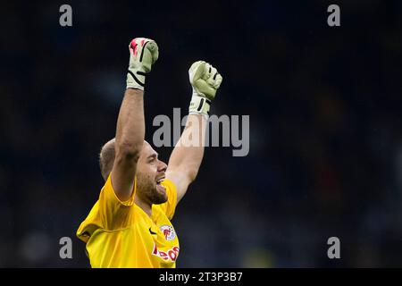 Alexander Schlager del RB Salzburg celebra la partita di calcio della UEFA Champions League tra FC Internazionale e RB Salzburg. Foto Stock