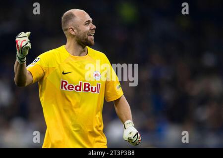 Alexander Schlager del RB Salzburg celebra la partita di calcio della UEFA Champions League tra FC Internazionale e RB Salzburg. Foto Stock