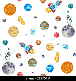 Pattern galassia senza cuciture con clip art di pianeti. Simpatici astronauta e razzo nello spazio isolati su sfondo bianco. Acquerello illustrazione dello spazio Foto Stock
