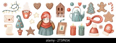 Collezione di clipart di pastelli natalizi con oggetti stagionali dipinti a mano - ragazza, tazza con cacao, candele, libro, albero, mitten. Per adesivo, schema, scheda Foto Stock