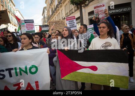 Malaga, Spagna. 26 ottobre 2023. I manifestanti sono visti con bandiera palestinese mentre prendono parte a una manifestazione studentesca a sostegno della Palestina e di Gaza. Decine di studenti chiamati dal sindacato studentesco partecipano a una protesta che chiede la fine del massacro a Gaza e in solidarietà con il popolo palestinese, nel mezzo della guerra tra Israele e Hamas. Credito: SOPA Images Limited/Alamy Live News Foto Stock