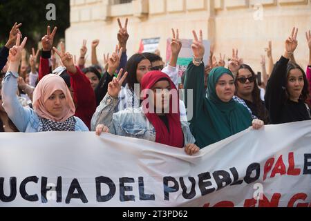 Malaga, Spagna. 26 ottobre 2023. I manifestanti sono visti diventare il simbolo della vittoria mentre prendono parte a una manifestazione studentesca a sostegno della Palestina e di Gaza. Decine di studenti chiamati dal sindacato studentesco partecipano a una protesta che chiede la fine del massacro a Gaza e in solidarietà con il popolo palestinese, nel mezzo della guerra tra Israele e Hamas. Credito: SOPA Images Limited/Alamy Live News Foto Stock