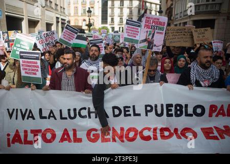 Malaga, Spagna. 26 ottobre 2023. I manifestanti sono visti con un grande striscione mentre prendono parte a una manifestazione studentesca a sostegno della Palestina e di Gaza. Decine di studenti chiamati dal sindacato studentesco partecipano a una protesta che chiede la fine del massacro a Gaza e in solidarietà con il popolo palestinese, nel mezzo della guerra tra Israele e Hamas. (Foto di Jesus Merida/SOPA Images/Sipa USA) credito: SIPA USA/Alamy Live News Foto Stock