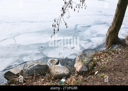 Lenzuola o blocchi di ghiaccio su un fiume ghiacciato in inverno, vista dalla riva del fiume con un albero Foto Stock