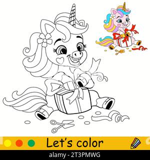 Carino unicorno rosa. Pagina di libri da colorare per bambini. Unicorn. Contorno nero su sfondo bianco. Illustrazione vettoriale isolata con co Illustrazione Vettoriale