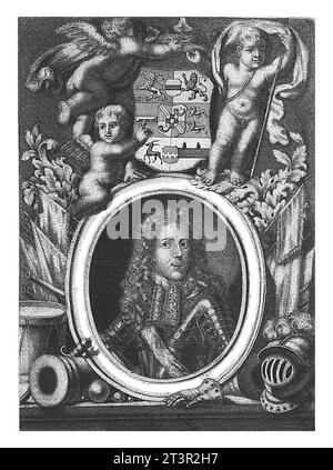 Ritratto di Johan Willem Friso, Principe di Orange-Nassau, Jacob Folkema, c. 1712 - 1767 Ritratto di Johan Willem Friso in un ovale con incisione a bordo Foto Stock