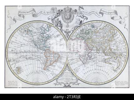 Mappa del mondo, divisa in mappa dell'emisfero orientale e occidentale, Johannes Condet, 1721 - 1774 Mappa del mondo, divisa in mappa dell'est e di wester Foto Stock