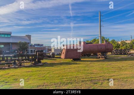 Stazione ferroviaria della Austin Steam Train Association a Cedar Park, Texas. Deposito ferroviario Heritage Train e corsa in treno. Parti per la ricostruzione di locomotive a vapore. Foto Stock