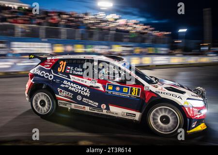 Klatovy, Repubblica Ceca. 26 ottobre 2023. Central European Rally, parte dell'evento World Rally Championship, seconda tappa a Klatovy, Repubblica Ceca, 26 ottobre 2023. L'equipaggio ceco Erik Cais e Daniel Trunkat. Credito: Petr Skrivanek/CTK Photo/Alamy Live News Foto Stock