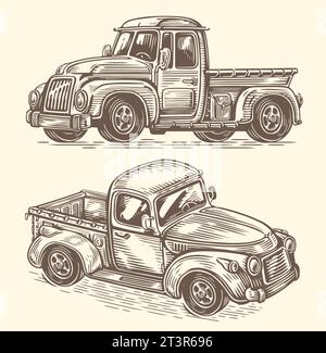 Pick-up vintage per agricoltori. Illustrazione vettoriale. Stile di schizzo del veicolo di trasporto retrò Illustrazione Vettoriale