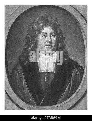 Ritratto di Gerbrand van Leeuwen, Pieter Schenk (i), dopo David van der Plas, 1686 - 1713 il predicatore e professore Gerbrand van Leeuwen. Foto Stock