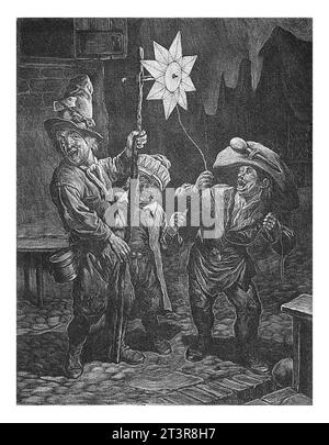 Gennaio, Cornelis Dusart, 1679 - 1704 Vista notturna in una città con tre bambini che celebrano l'Epifania. Uno dei bambini tiene una stella su un bastone. Foto Stock