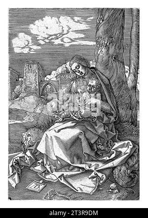 Vergine col bambino e una pera, Hieronymus Wierix, dopo Albrecht durer, 1563 - prima del 1619 la Vergine è seduta da un albero con il bambino Cristo su di lei Foto Stock