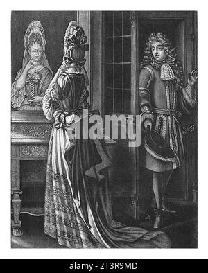 Il volto, Jacob Gole, c. 1695 - 1724 Una giovane donna si guarda nello specchio. Un giovane guarda dalla porta. La stampa fa parte di una serie Foto Stock