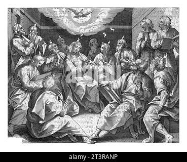 Effusione dello Spirito Santo, Jan Collaert (II), dopo Maerten de Vos, 1597 Maria e i discepoli di Cristo stanno pregando in una stanza. La colomba della H. Foto Stock