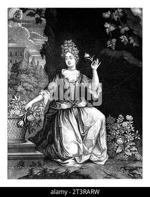 Maggio, Pieter Schenk (i), 1670 - 1713 la personificazione del mese di maggio prende fiori da un cesto di fiori. Nel cielo la costellazione Gemini. Foto Stock