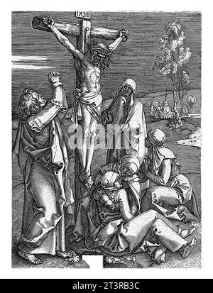 Crocifissione di Cristo, Johannes Wierix, dopo Albrecht durer, 1564 Cristo appeso alla croce. Johannes alza le braccia in cielo nella disperazione. Foto Stock