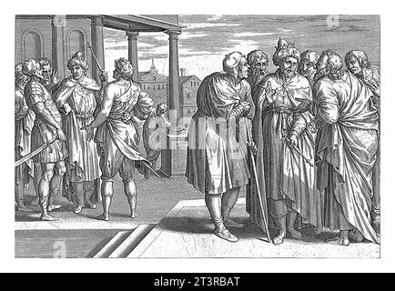 Rehoboam consulta gli anziani e i giovani, Hans Collaert (i) (attribuito a), dopo Ambrosius Francken (i), 1585 Re Rehoboam consulta l'anziano Foto Stock