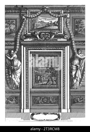 Porta con pittura, Franz Ertinger, dopo Jean Lepautre, dopo il 1657 - prima del 1678 nel dipinto ci sono figure su un balcone con un paesaggio behi Foto Stock