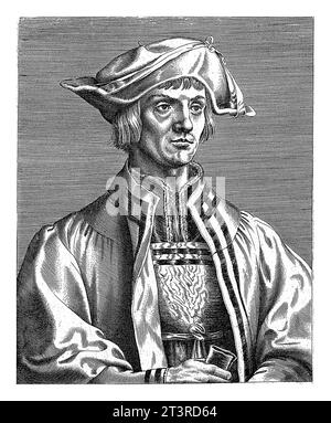 Ritratto del pittore Lucas van Leyden, Johannes Wierix (attribuito a), dopo Albrecht durer, 1572 a margine una didascalia a cinque righe in latino. Foto Stock